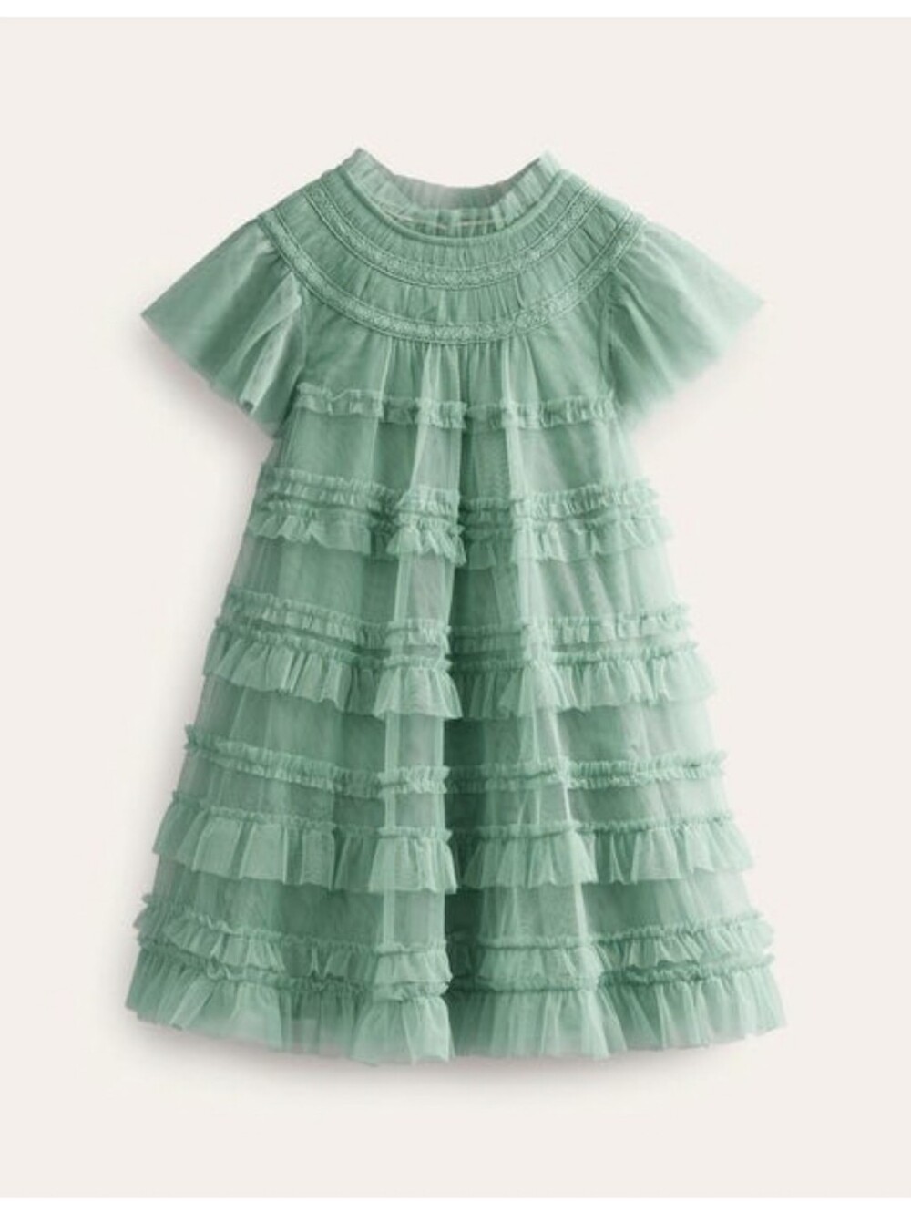 Mini Boden Green Smoke Tiered Tulle Ruffle Party Dress Size 8-9Y